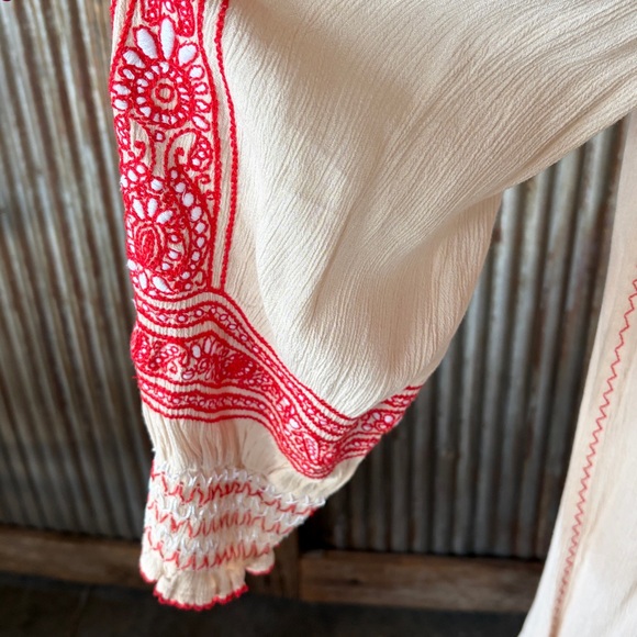 Free People Cream and Red Bohemian Embroidered Dress - Picture 3 of 13